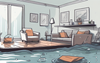 A flooded home interior with scattered furniture and belongings