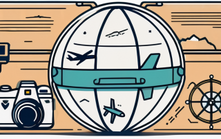 A globe with different travel icons like an airplane