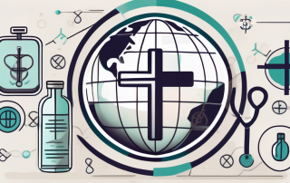 A globe with different medical symbols like a stethoscope
