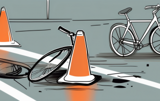 A broken bicycle lying next to a traffic cone