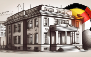 A german building with insurance protection symbols and tax forms to represent the concept of building insurance in tax declaration