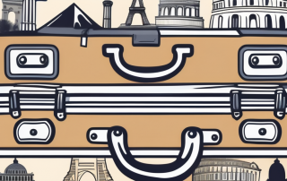 A suitcase adorned with various international landmarks