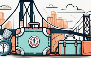 A suitcase adorned with american symbols like the statue of liberty and the golden gate bridge