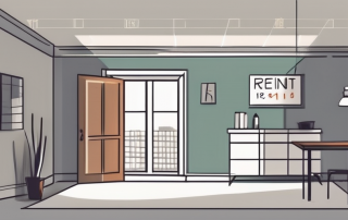 An empty apartment with a 'for rent' sign hanging