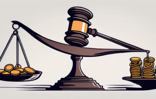 A balanced scale with a gavel on one side and a pile of coins on the other