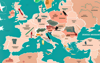 A map of europe with symbolic dental tools like toothbrush