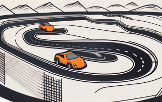 A winding racetrack (the nordschleife) with various insurance-related symbols (like a shield