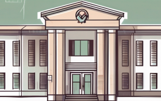 A nursing home building with a safety shield symbol hovering above it