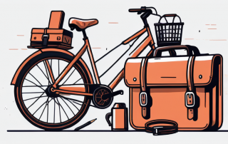 A bicycle with work-related items like a briefcase and laptop in the basket