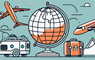 A globe with various travel-related symbols like airplanes