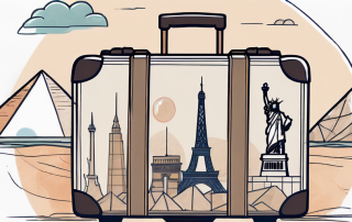 A suitcase with various international landmarks like the eiffel tower