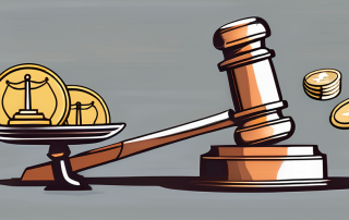 A balanced scale with coins on one side and a gavel on the other