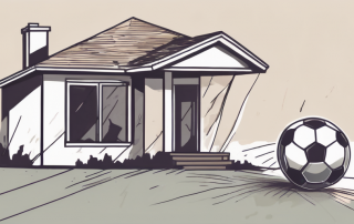 A home with a broken window and a football nearby
