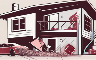 A combination of a home filled with various household items and a symbolic representation of liability