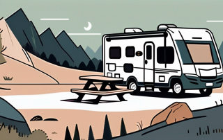 A private motorhome parked in a scenic campsite