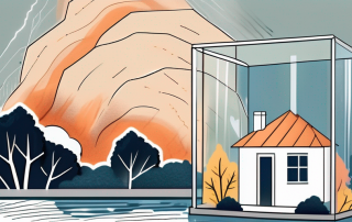 A house being protected by a transparent shield against various natural elements like flood