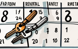 A calendar with various marked dates and a house key