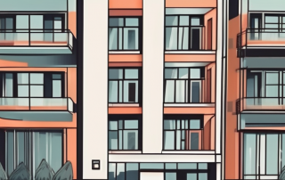 A residential building with a key on a keychain symbolizing rental