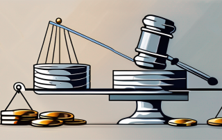 A balanced scale with a gavel on one side and a pile of coins on the other