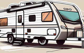 A recreational vehicle (rv) on a scenic road with insurance protection symbols like a shield and a safety lock surrounding it