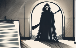 A rental contract with a symbolic grim reaper shadow looming over it