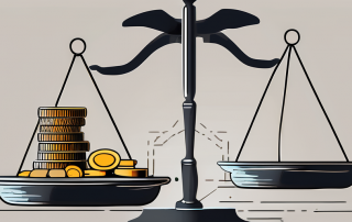A balance scale with a gavel on one side and a pile of coins on the other