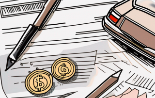A wallet with coins and bills next to an insurance policy document and a broken car or bike