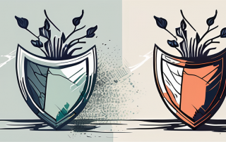 A broken vase with a shield symbolizing protection in the background