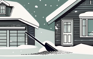 A private property covered in snow with a shovel and a bag of salt at the front door