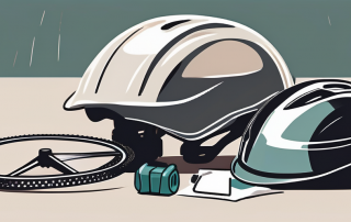 A broken bicycle next to a safety helmet and a medical kit