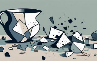 A broken vase with scattered pieces