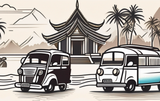 A travel insurance policy next to iconic thai symbols like a tuk-tuk