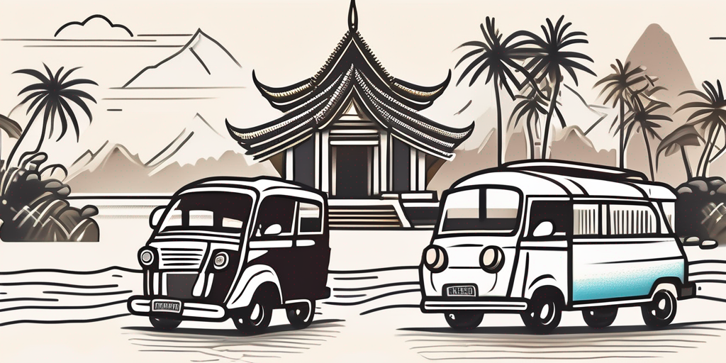 A travel insurance policy next to iconic thai symbols like a tuk-tuk