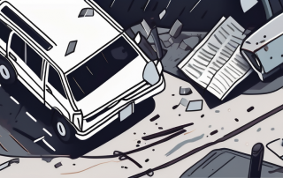 A car accident scene with a broken street light