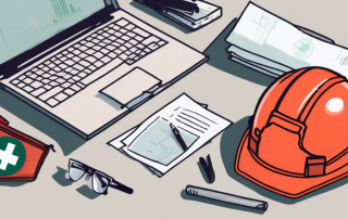 A workplace setting with a safety helmet