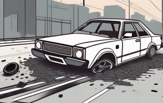 A car with noticeable damage parked on the side of the road with broken car parts scattered around