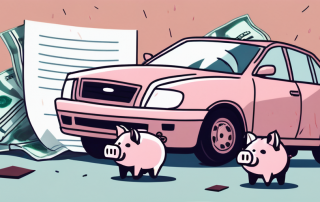 A car accident scene with a broken insurance policy document and a piggy bank in the background