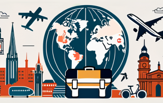 A globe with different travel icons like an airplane