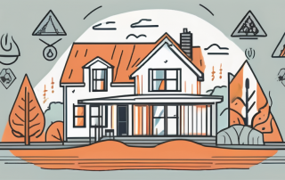 A home surrounded by various symbols of potential risks (like fire