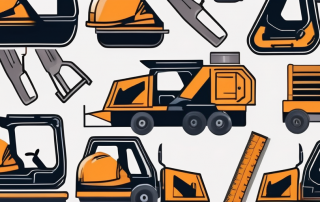 A construction site with various tools and safety equipment like helmets and vests