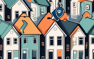 A landlord's key ring with keys and various insurance policy tags attached