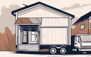 A house with an eviction notice on the door and a moving truck parked outside