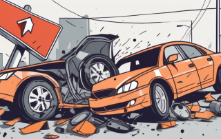 A car accident scene with a broken traffic signal and scattered car parts