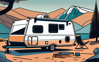 A motorhome parked in a beautiful camping spot with mountains in the background