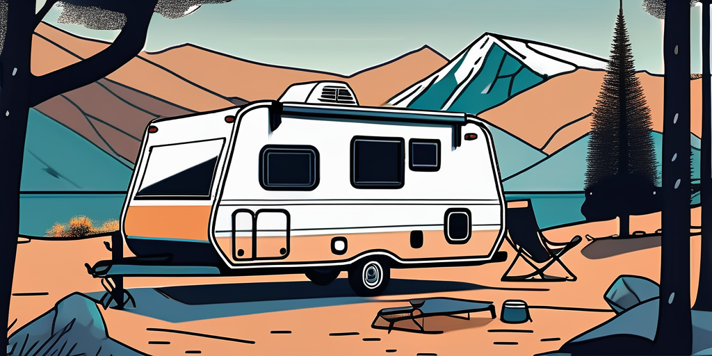 A motorhome parked in a beautiful camping spot with mountains in the background