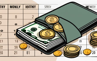 A wallet with coins and bills next to a monthly calendar