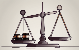 A balanced scale with a gavel on one side and a stack of coins on the other