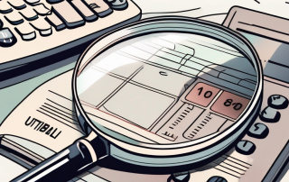 A magnifying glass examining a pile of utility bills and a calculator