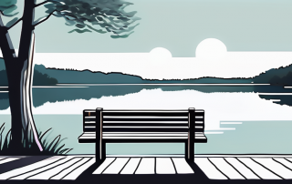 Idyllische Outdoor-Szene mit Bank am ruhigen See, symbolisch fuer Frieden und Besinnung, relevant fuer End-of-Life Planung und Versicherung fuer Senioren.