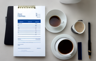 Buero mit Computer, Versicherungsvergleichsdiagrammen, Kaffeetasse, Stift und Notizblock.